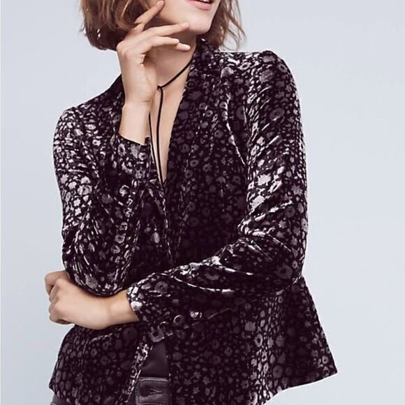 Elévenles Anthropologie Velvet Floral Print Blazer Size 4 - Picture 2 of 8